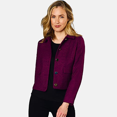 Emreco Classic Collar Cropped Boucle Jacket (Size 12) - Berry