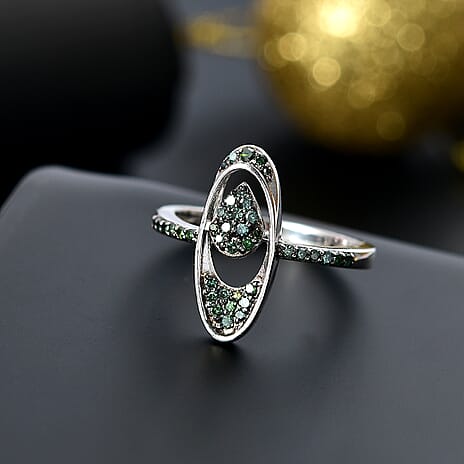 Green Diamond Ring in Rhodium Overlay Sterling Silver