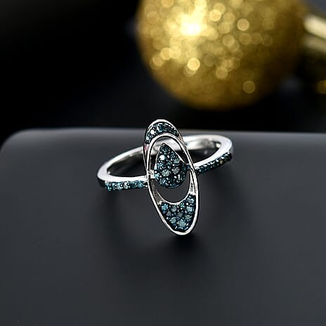 Blue Diamond Ring in Rhodium Overlay Sterling Silver