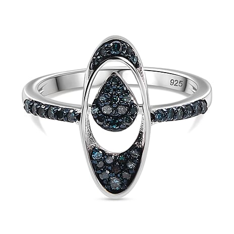 Blue Diamond Ring in Rhodium Overlay Sterling Silver
