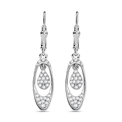 White Diamond Dangle Earring with Lever Back in Rhodium Overlay Sterling Silver