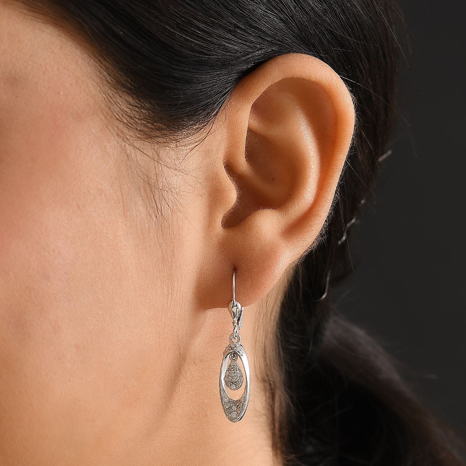 White Diamond Earring with Lever Back in Rhodium Overlay Sterling Silver 0.50 Ct