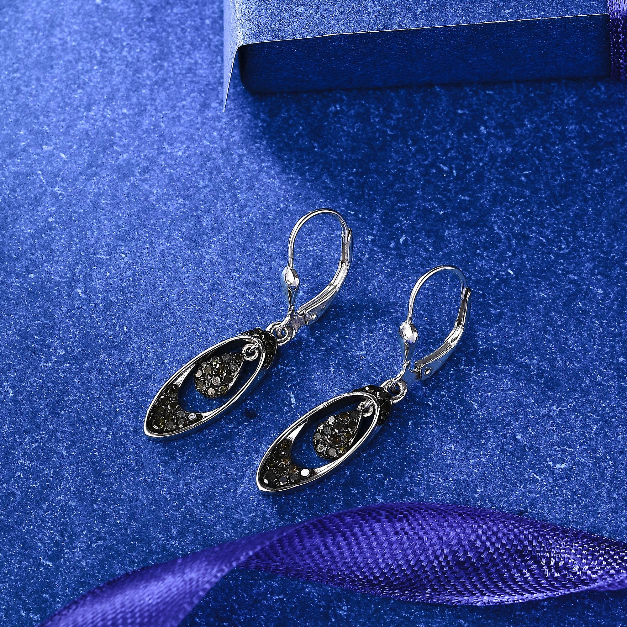 Green Diamond Earring with Lever Back in Rhodium Overlay Sterling Silver 0.50 Ct