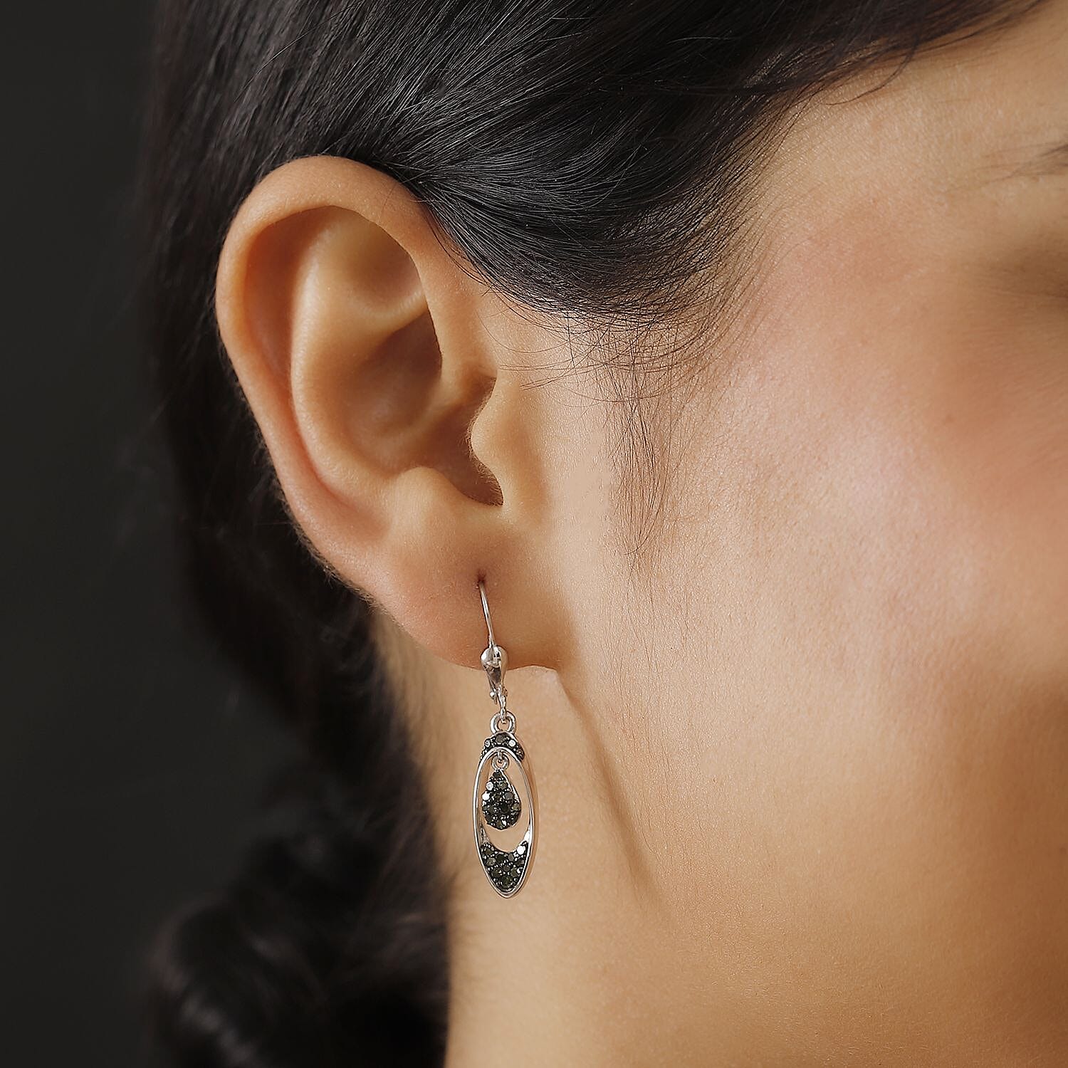 Green Diamond Earring with Lever Back in Rhodium Overlay Sterling Silver 0.50 Ct