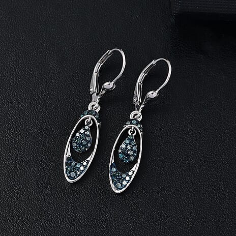Blue Diamond Earring with Lever Back in Rhodium Overlay Sterling Silver 0.45 Ct