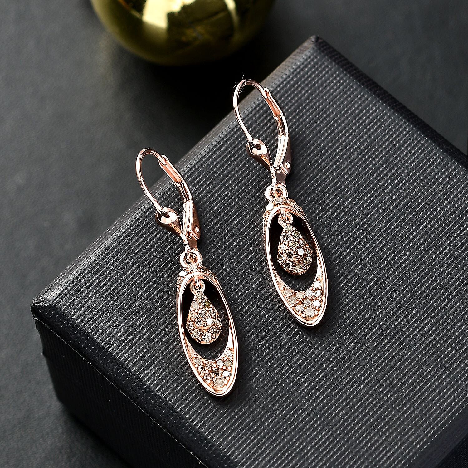 Champagne Diamond Earring with Lever Back in 18K Vermeil Rose Gold Plated Sterling Silver 0.50 Ct