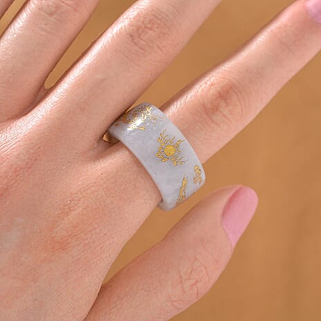 Extreme Rare Find - Natural Type A White Jade Dragon Carved Stone Band Ring 35.00 Ct.