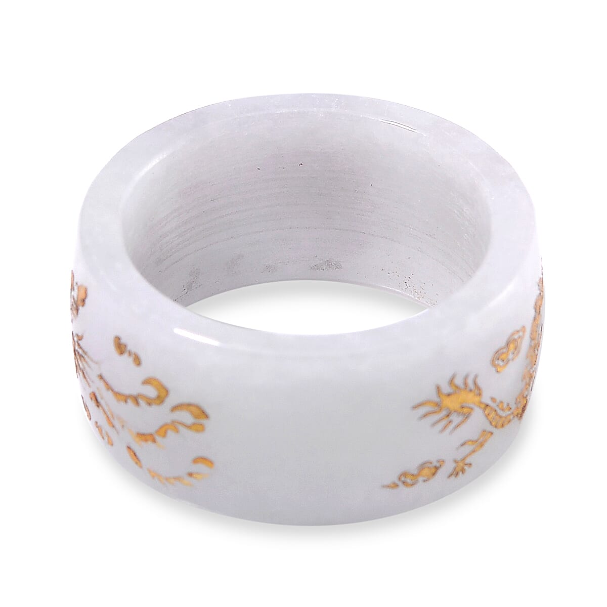 Extreme Rare Find - Natural Type A White Jade Dragon Carved Stone Band Ring 35.00 Ct.