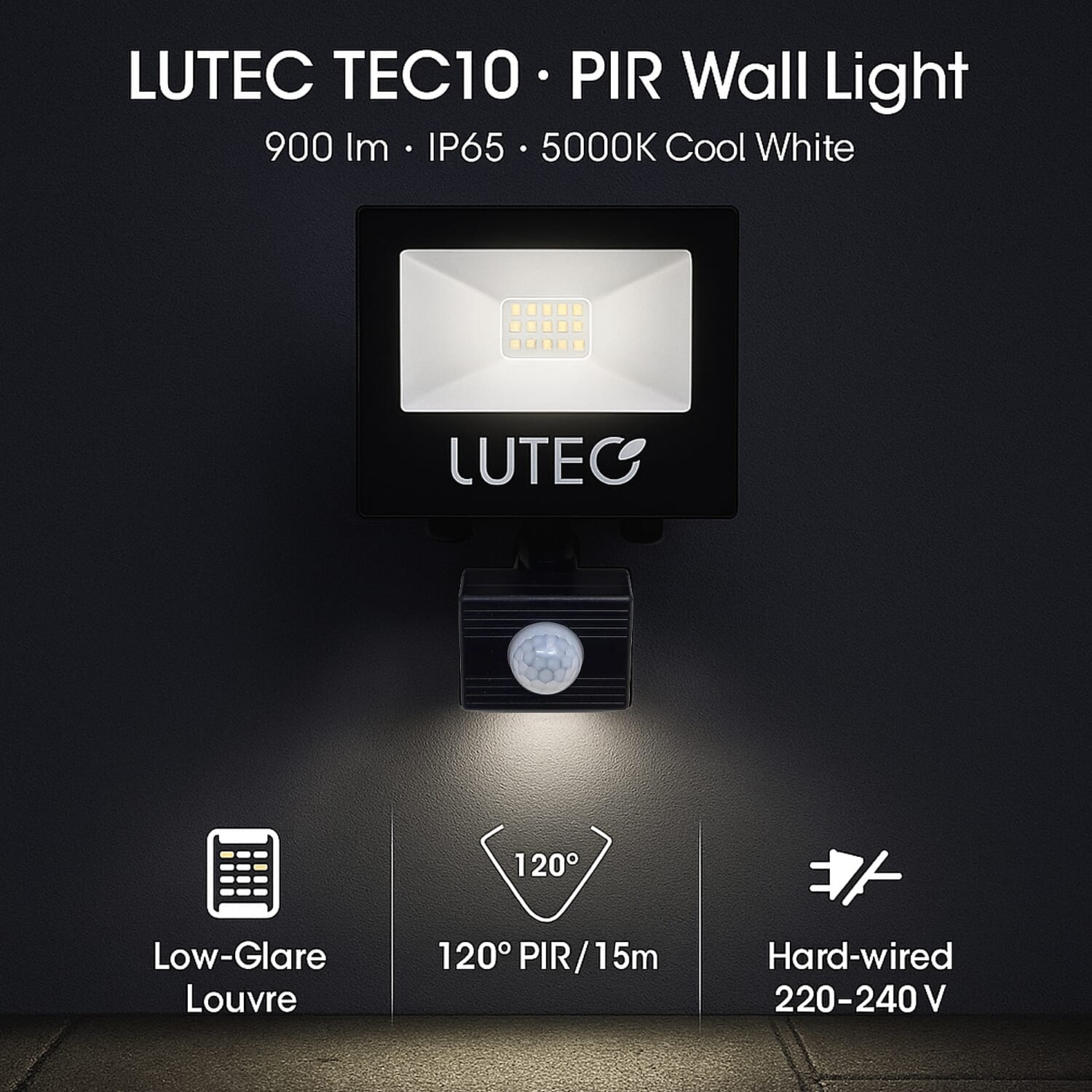 Lutec Tec10 Pir Hard Wired Low Glare Louvre Wall Light Integrated LED IP65 - 900 LUMEN