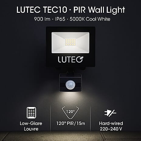 Lutec Tec10 Pir Hard Wired Low Glare Louvre Wall Light Integrated LED IP65 - 900 LUMEN