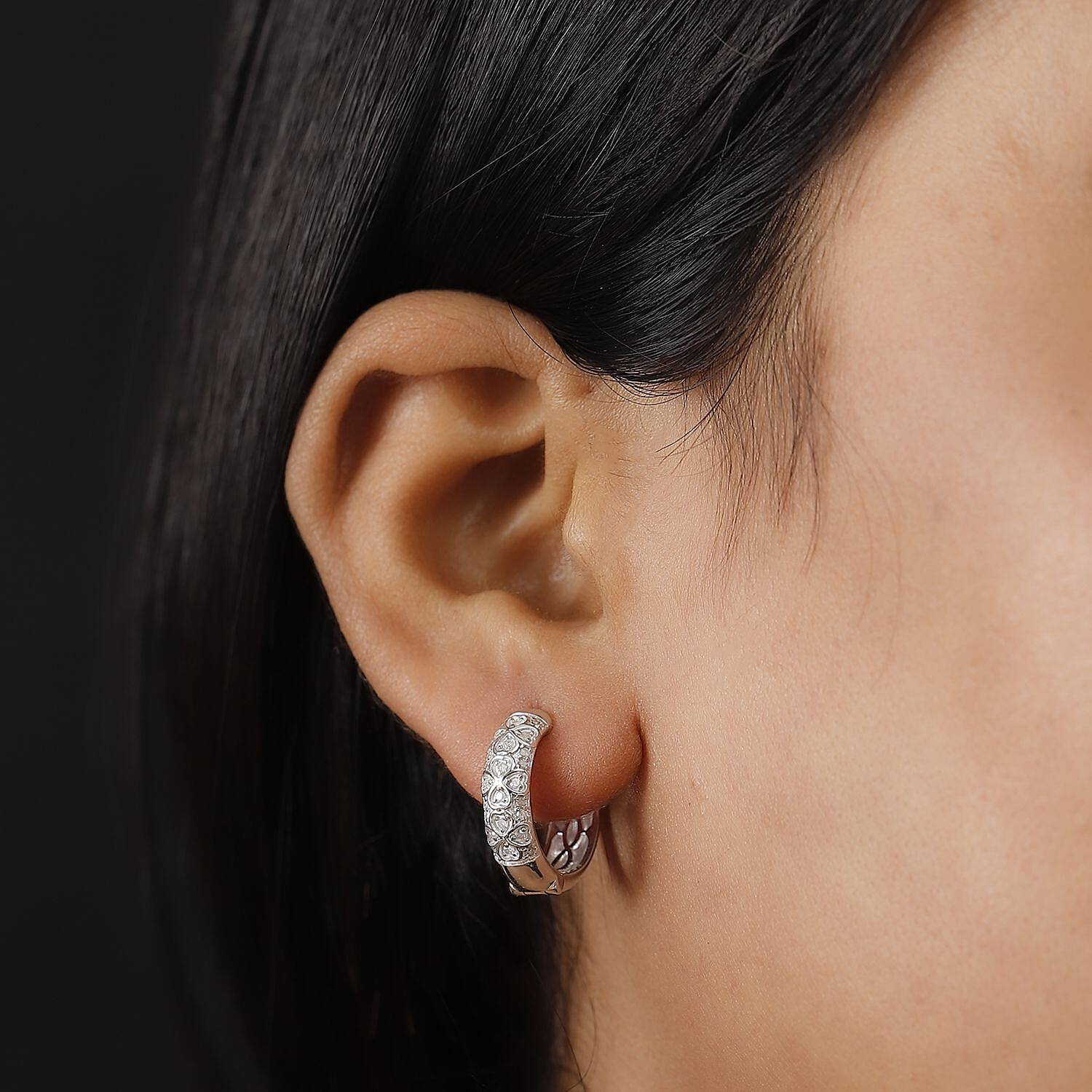 Diamond Cluster with Hoop Earring in Rhodium Overlay Sterling Silver