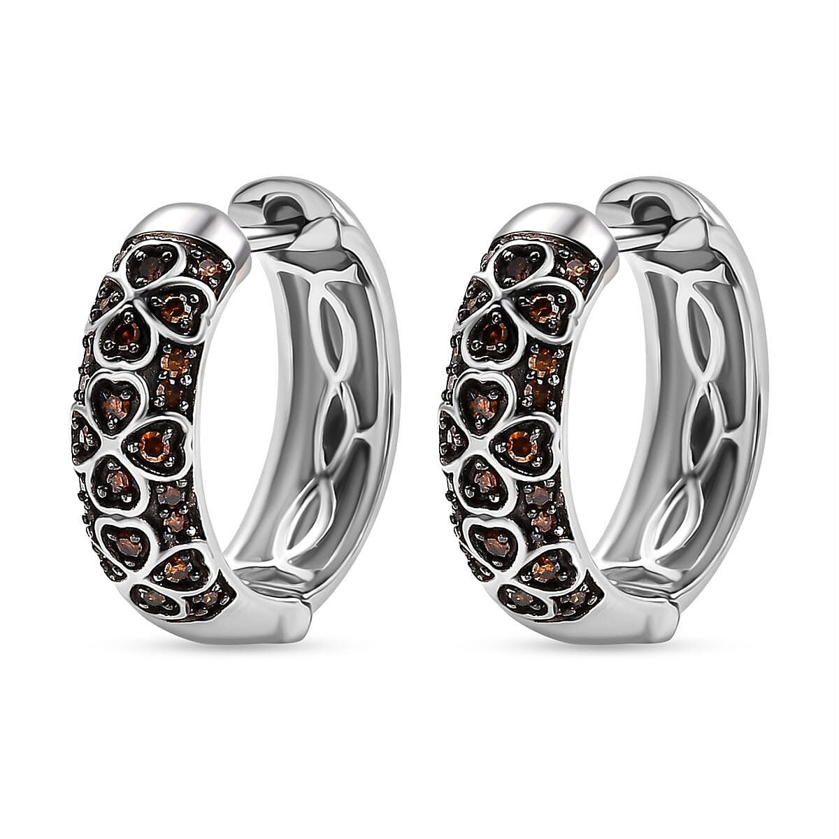 Red Diamond Cluster with Hoop Earring in Rhodium Overlay Sterling Silver 0.25 Ct