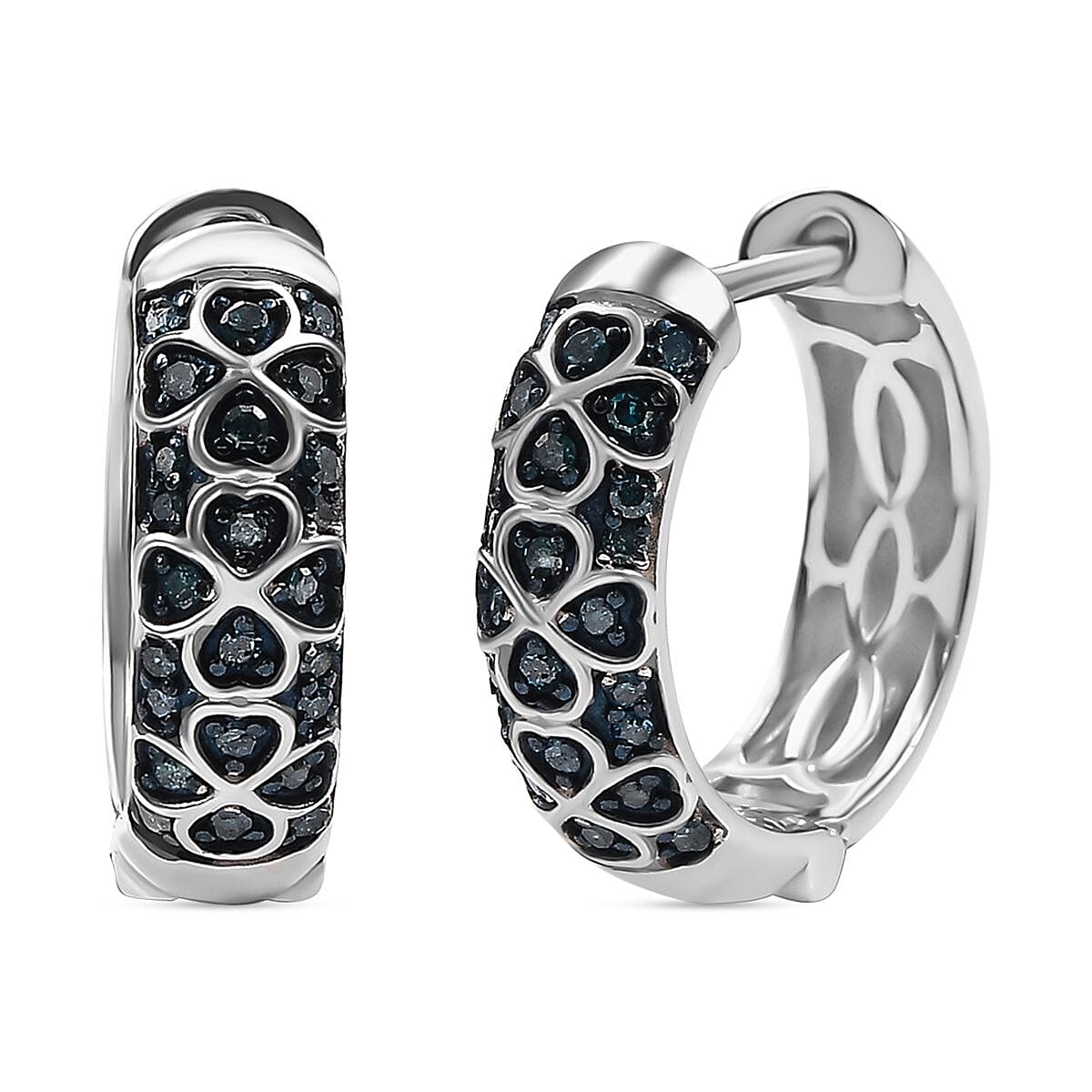 Blue Diamond Cluster with Hoop Earring in Rhodium Overlay Sterling Silver 0.25 Ct.