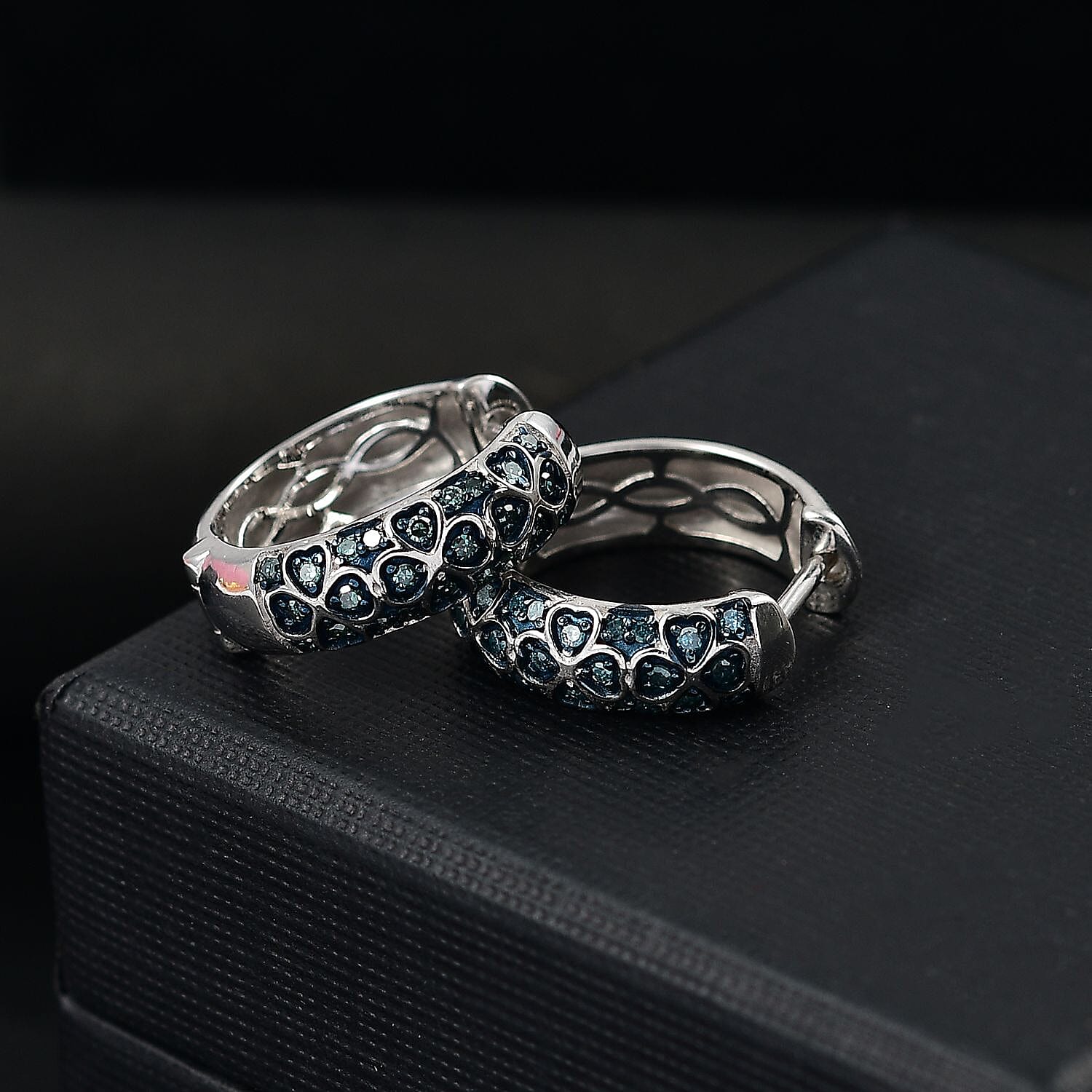 Blue Diamond Cluster with Hoop Earring in Rhodium Overlay Sterling Silver 0.25 Ct.