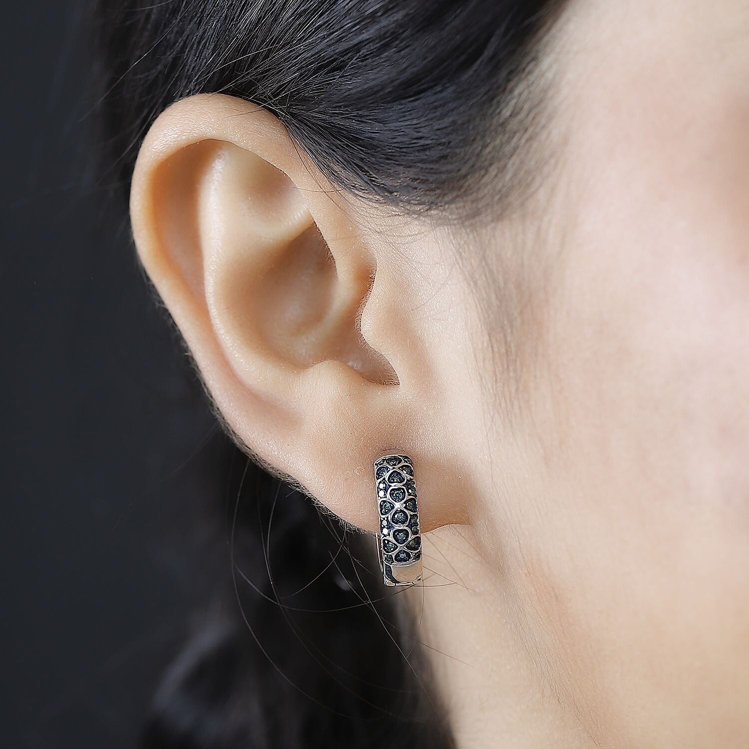 Blue Diamond Cluster with Hoop Earring in Rhodium Overlay Sterling Silver 0.25 Ct.