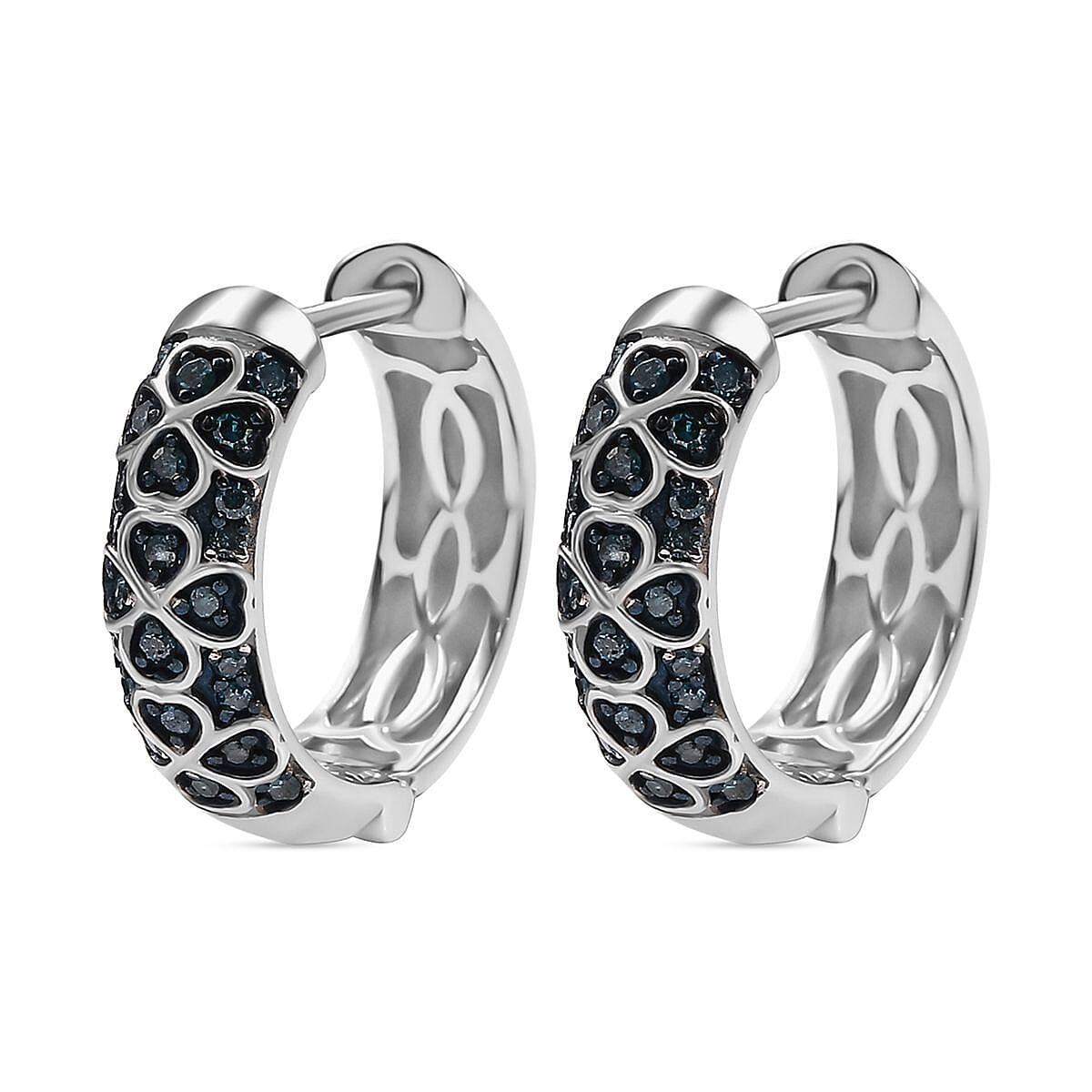 Blue Diamond Cluster with Hoop Earring in Rhodium Overlay Sterling Silver 0.25 Ct.