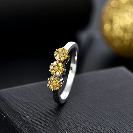 Yellow Diamond Cluster Ring in Rhodium Overlay Sterling Silver 0.33 Ct.