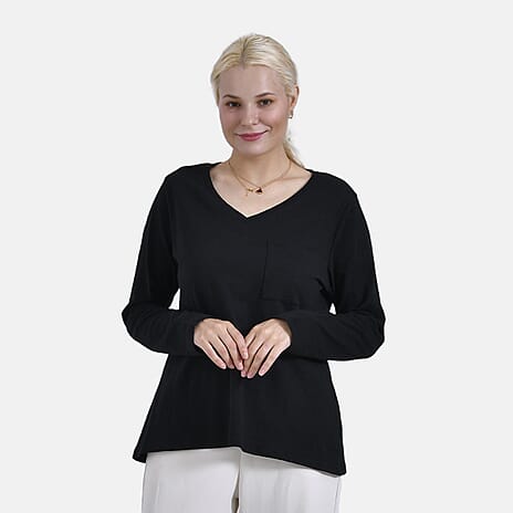 La Marey 100% Cotton V-Neck Long Sleeve Classic Top (Size 16 to 18) - Black