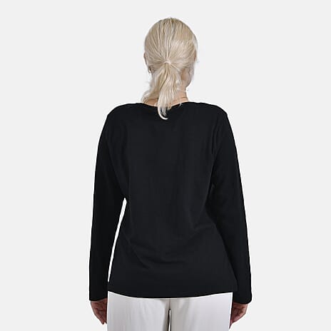 La Marey 100% Cotton V-Neck Long Sleeve Classic Top (Size 16 to 18) - Black