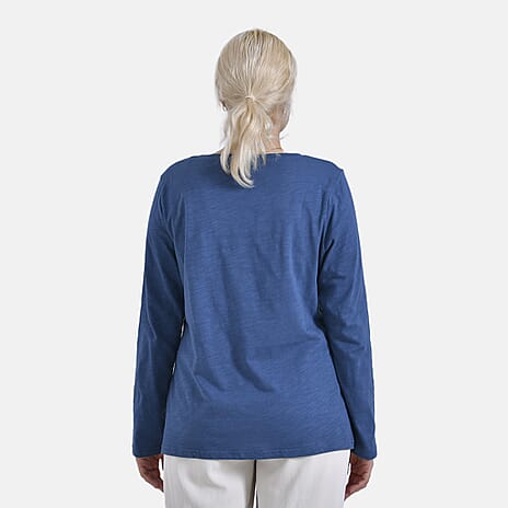 La Marey 100% Cotton V-Neck Long Sleeve Classic Top (Size 8 to 10) - Navy