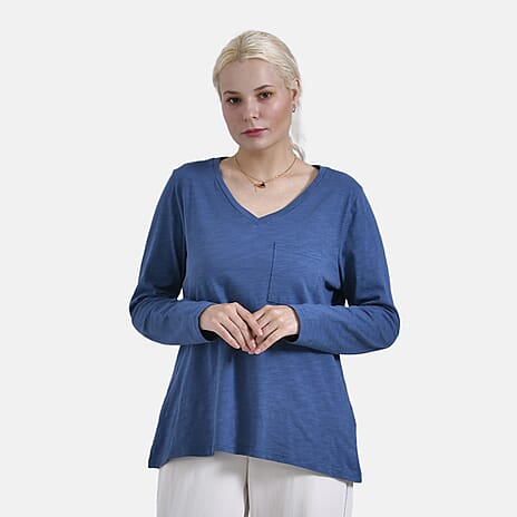 La Marey 100% Cotton V-Neck Long Sleeve Classic Top (Size 20 to 22) - Navy