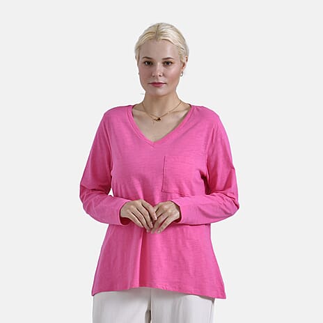 La Marey 100% Cotton V-Neck Long Sleeve Classic Top (Size 20 to 22) - Pink