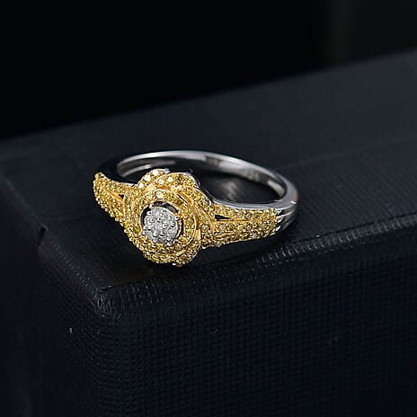 Yellow Diamond & White Diamond Cluster Ring in Rhodium Overlay Sterling Silver 0.33 Ct.