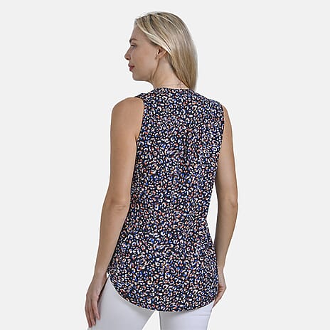 - Maisi Womens Leopard Print Sleeveless Relaxed Fit Blouse (Size L) - Black Base with Multicolor Print