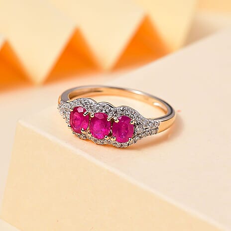 Rare Find - 9K Yellow Gold Premium Mozambique Pink Sapphire & Moissanite Trilogy Ring 1.70 Ct.
