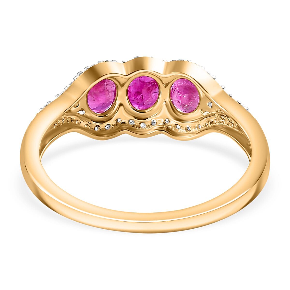 Rare Find - 9K Yellow Gold Premium Mozambique Pink Sapphire & Moissanite Trilogy Ring 1.70 Ct. Rare Find - 9K Yellow Gold Premium Mozambique Pink Sapphire & Moissanite Trilogy Ring 1.70 Ct.