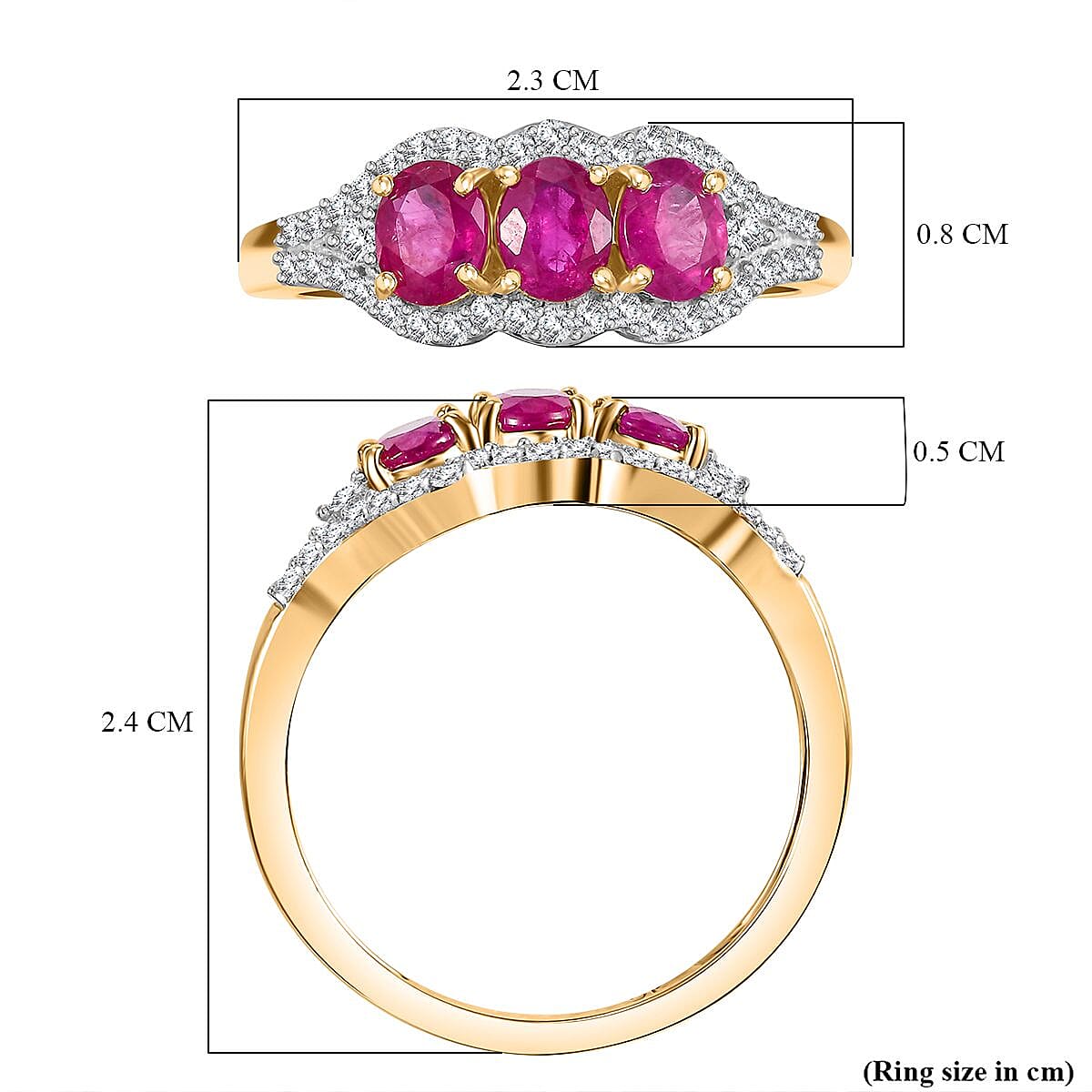 Rare Find - 9K Yellow Gold Premium Mozambique Pink Sapphire & Moissanite Trilogy Ring 1.70 Ct. Rare Find - 9K Yellow Gold Premium Mozambique Pink Sapphire & Moissanite Trilogy Ring 1.70 Ct.