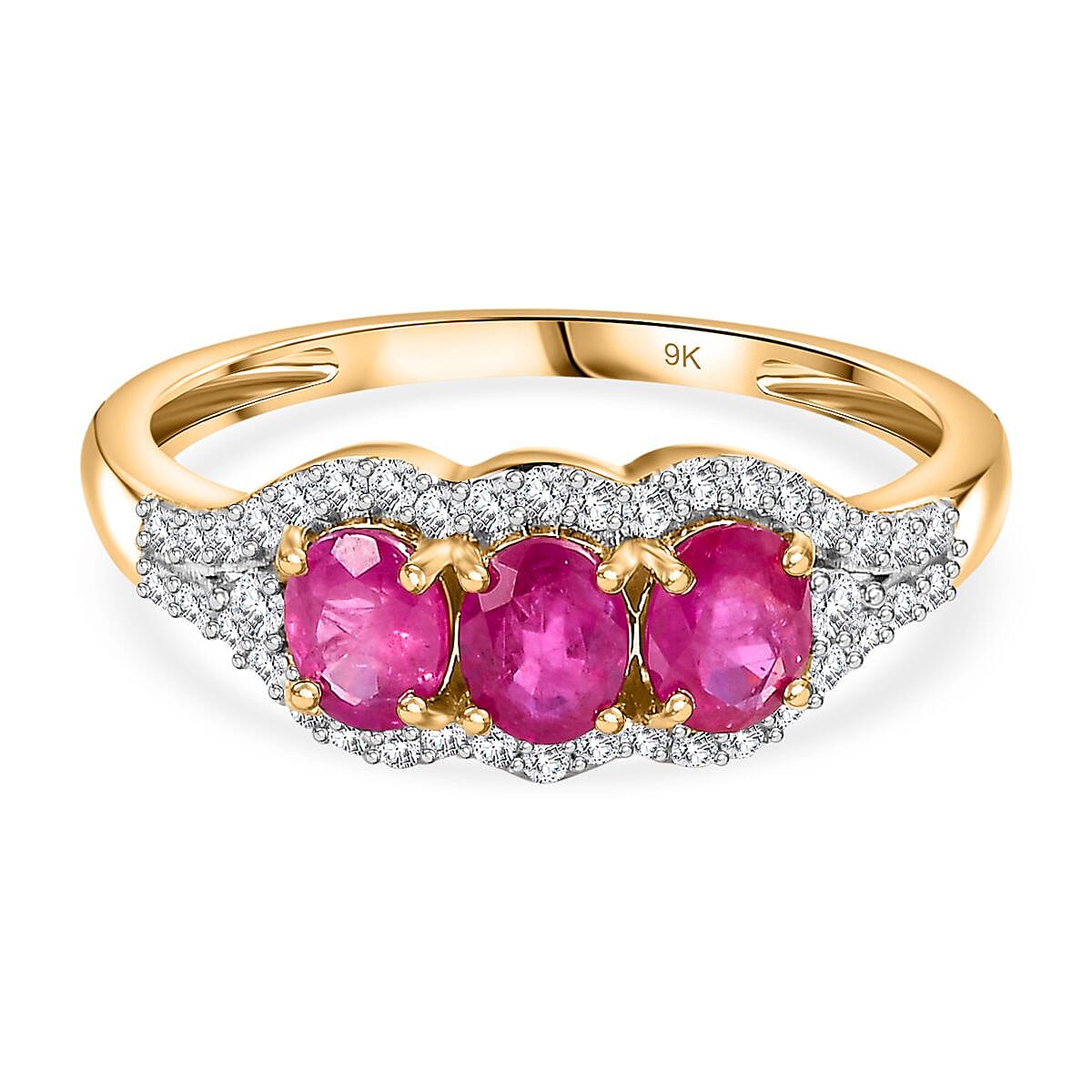 Rare Find - 9K Yellow Gold Premium Mozambique Pink Sapphire & Moissanite Trilogy Ring 1.70 Ct. Rare Find - 9K Yellow Gold Premium Mozambique Pink Sapphire & Moissanite Trilogy Ring 1.70 Ct.