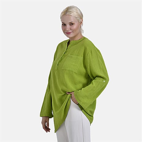 - Maisi Oversize Henley Shirt with Roll-Tab Sleeves (Size S) - Green