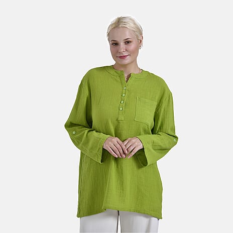 - Maisi Oversize Henley Shirt with Roll-Tab Sleeves (Size L) - Green