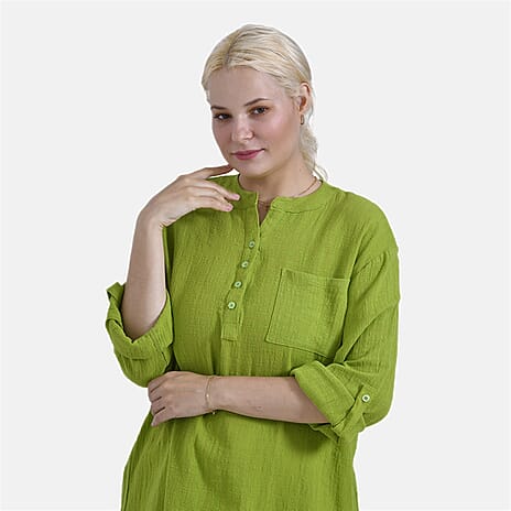 - Maisi Oversize Henley Shirt with Roll-Tab Sleeves (Size L) - Green