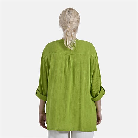 - Maisi Oversize Henley Shirt with Roll-Tab Sleeves (Size XL) - Green