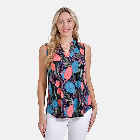 - Maisi Tropical Leaf Print Sleeveless Relax Fit Blouse (Size S) - Navy Blue
