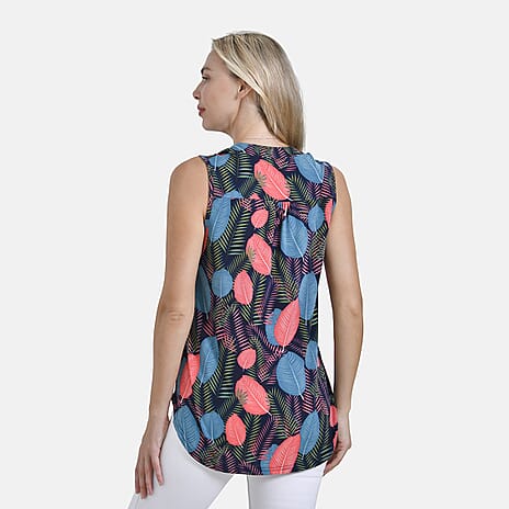 - Maisi Tropical Leaf Print Sleeveless Relax Fit Blouse (Size S) - Navy Blue