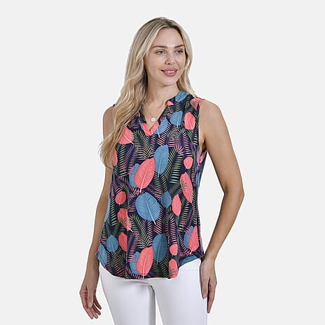 - Maisi Tropical Leaf Print Sleeveless Relax Fit Blouse (Size S) - Navy Blue