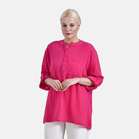 - Maisi Oversize Henley Shirt with Roll-Tab Sleeves (Size XL) - Pink