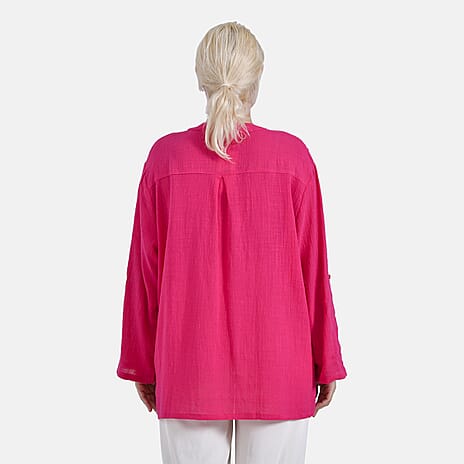 - Maisi Oversize Henley Shirt with Roll-Tab Sleeves (Size XL) - Pink