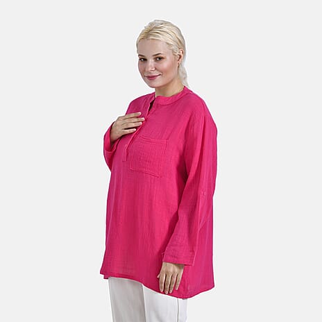 - Maisi Oversize Henley Shirt with Roll-Tab Sleeves (Size XL) - Pink