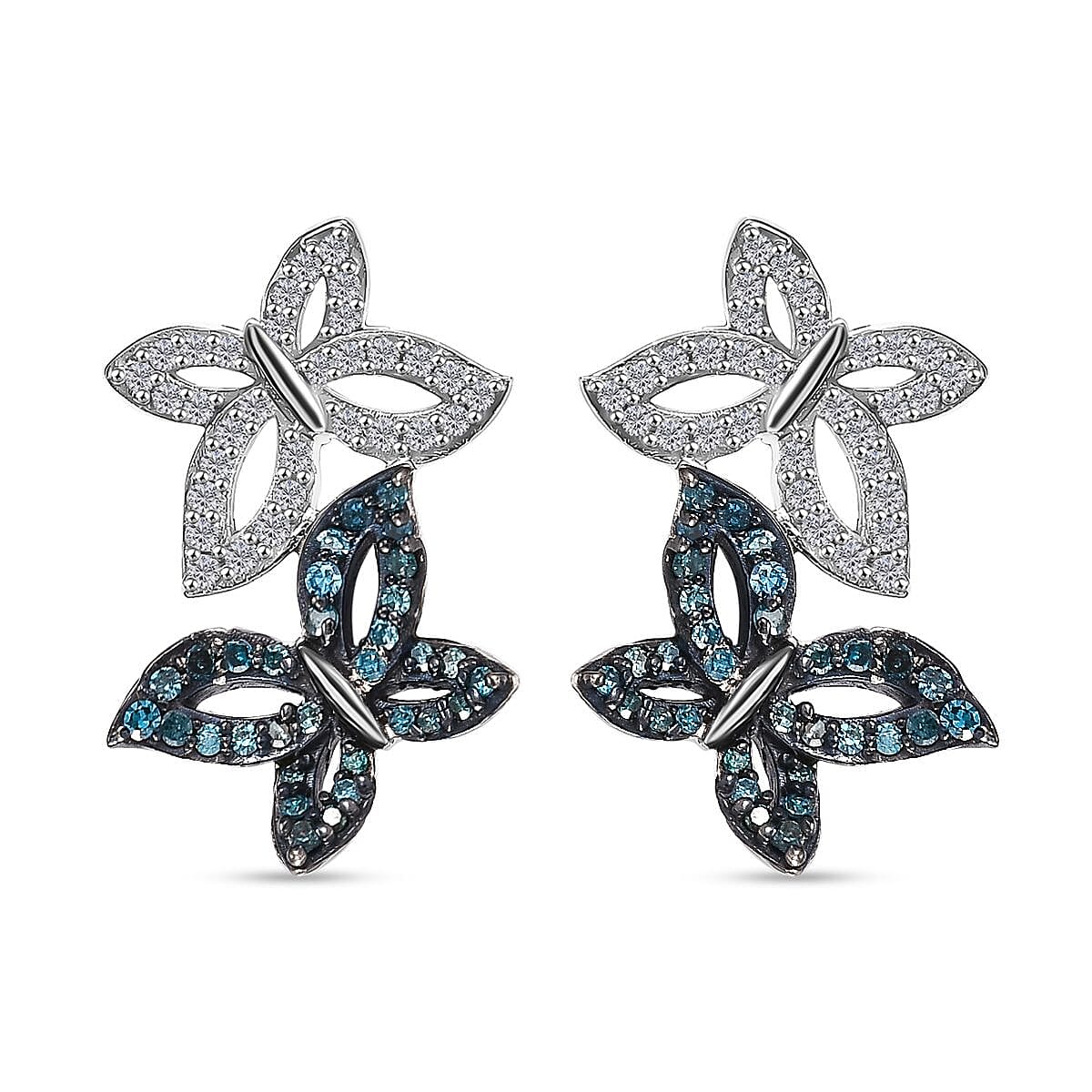 Blue & White Diamond Solitaire Stud Push Post Earring with Push Back in Rhodium Overlay Sterling Silver 0.50 Ct.