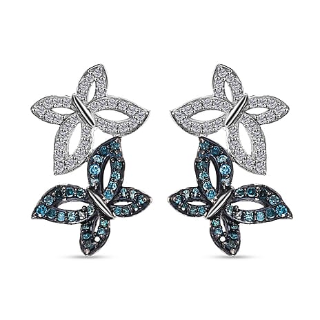 Blue & White Diamond Solitaire Stud Push Post Earring with Push Back in Rhodium Overlay Sterling Silver 0.50 Ct.