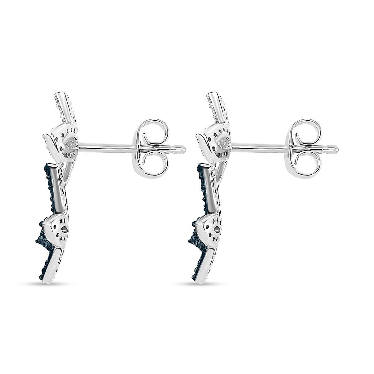 Blue & White Diamond Solitaire Stud Push Post Earring with Push Back in Rhodium Overlay Sterling Silver 0.50 Ct.