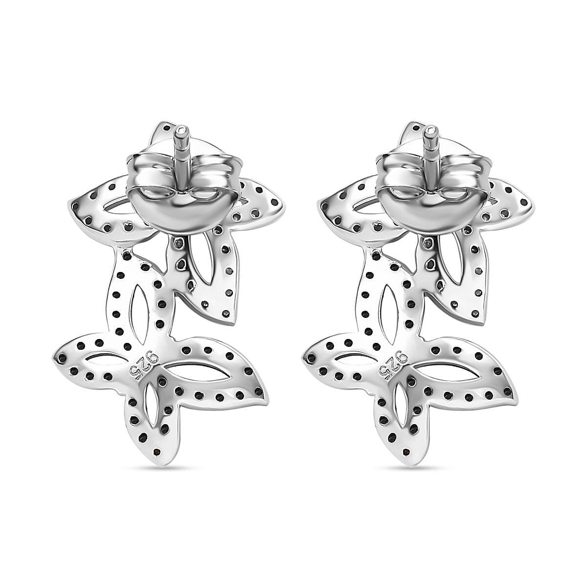 Blue & White Diamond Solitaire Stud Push Post Earring with Push Back in Rhodium Overlay Sterling Silver 0.50 Ct.