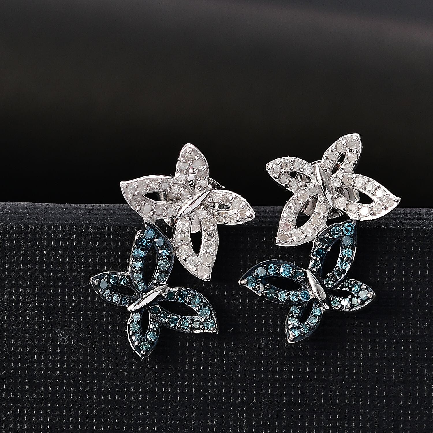 Blue & White Diamond Solitaire Stud Push Post Earring with Push Back in Rhodium Overlay Sterling Silver 0.50 Ct.