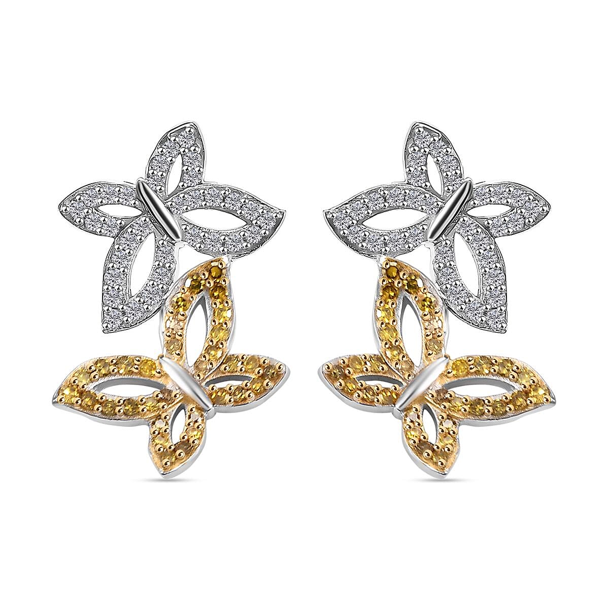 White Diamond & Yellow Diamond Solitaire Stud Push Post Earring with Push Back in Rhodium Overlay Sterling Silver 0.50 Ct. White Diamond & Yellow Diamond Solitaire Stud Push Post Earring with Push Back in Rhodium Overlay Sterling Silver 0.50 Ct.