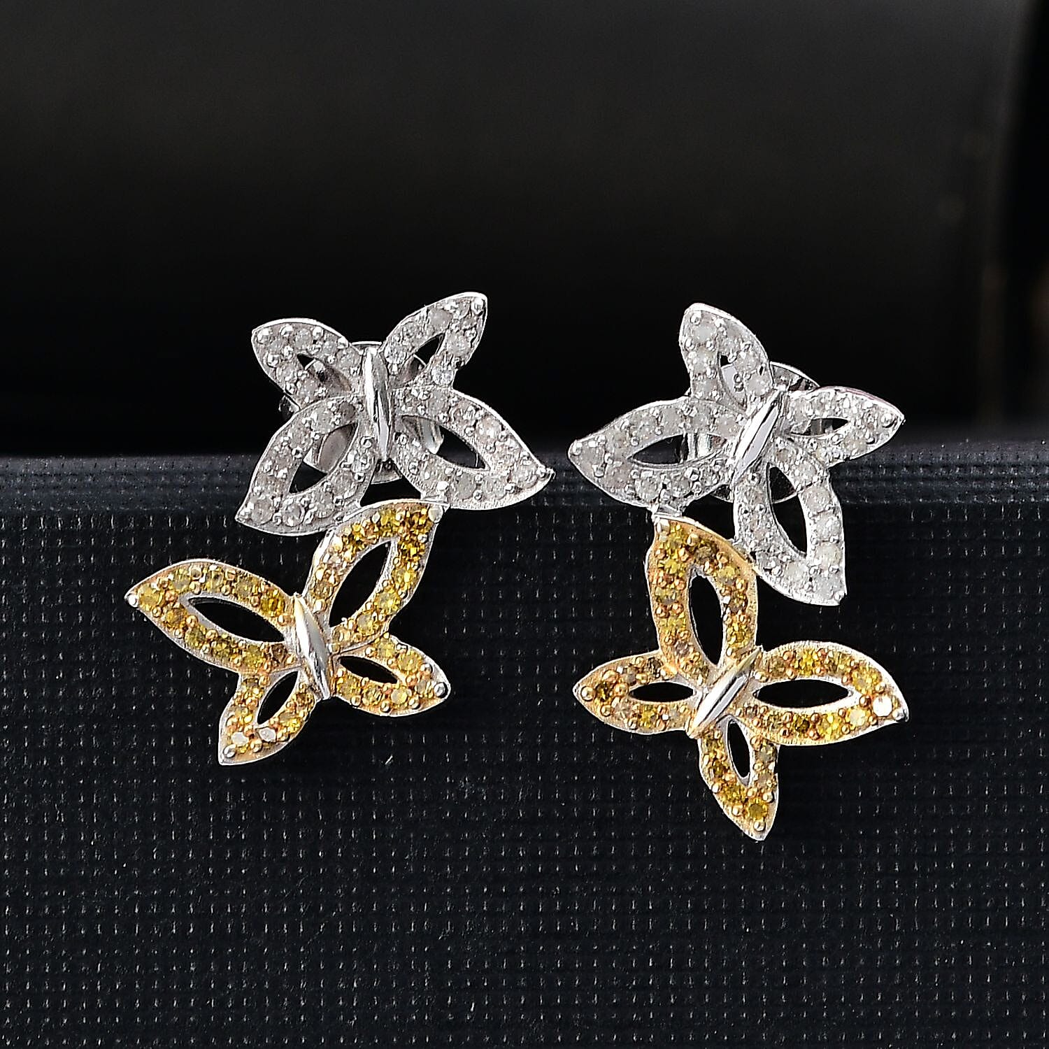 White Diamond & Yellow Diamond Solitaire Stud Push Post Earring with Push Back in Rhodium Overlay Sterling Silver 0.50 Ct. White Diamond & Yellow Diamond Solitaire Stud Push Post Earring with Push Back in Rhodium Overlay Sterling Silver 0.50 Ct.