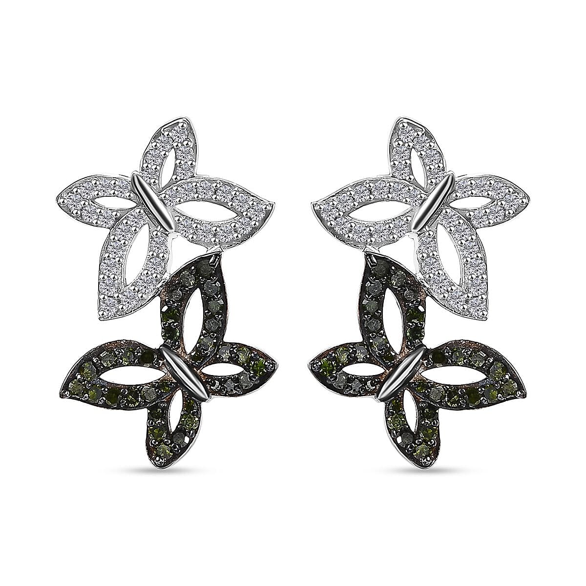 White Diamond & Green Diamond Solitaire Stud Push Post Earring with Push Back in Rhodium Overlay Sterling Silver 0.50 Ct.